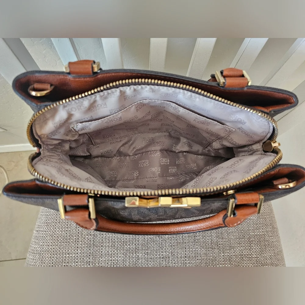 Michael Kors Black and Brown Satchel with Gold Accents